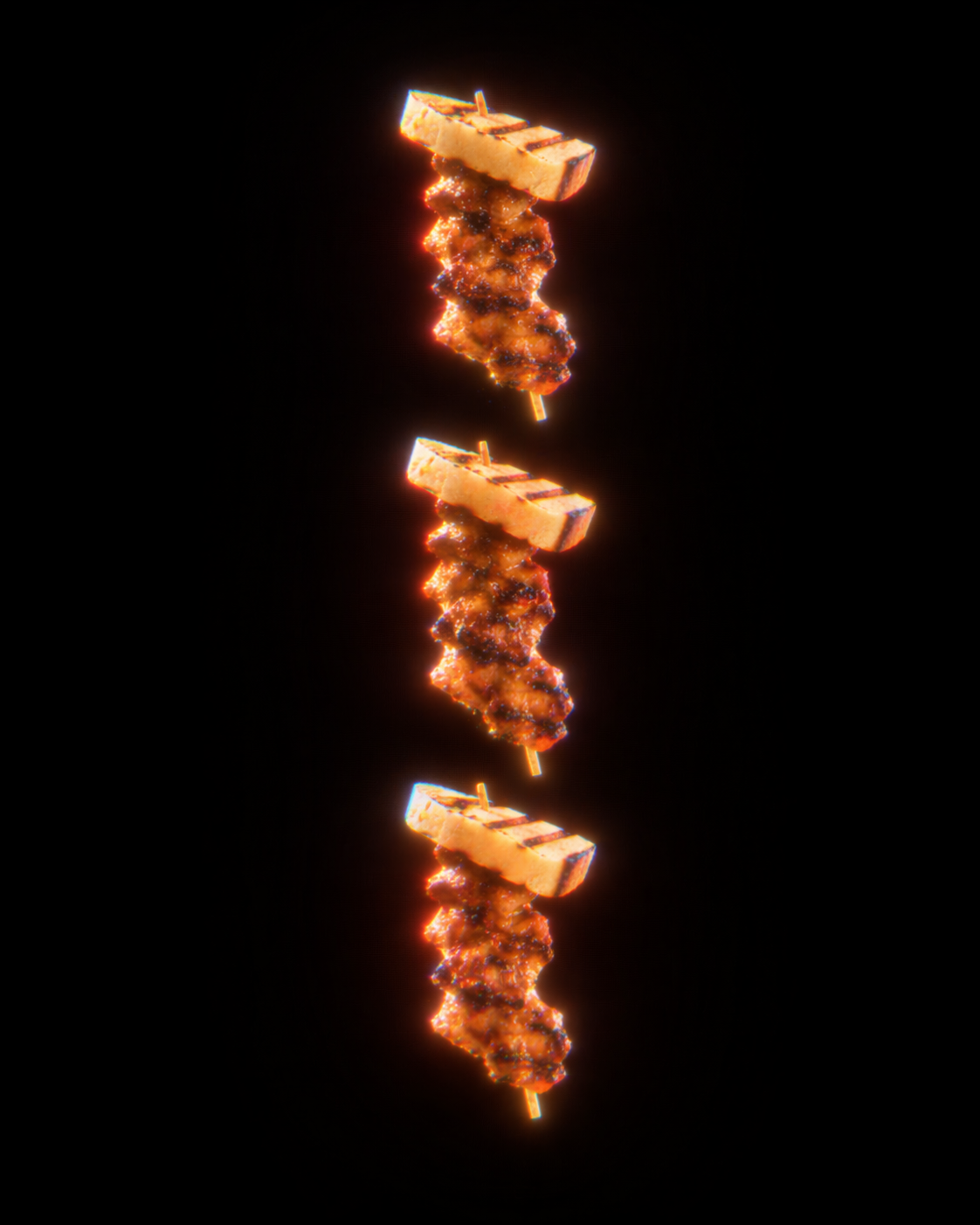 Pinchos with the white bread cap on the skewer, glowing on black