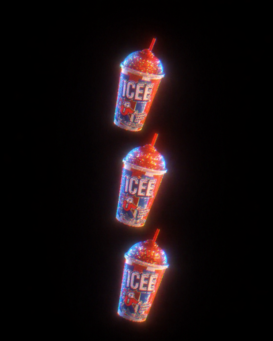 Cherry ICEE cups with red dome lids, glowing on black